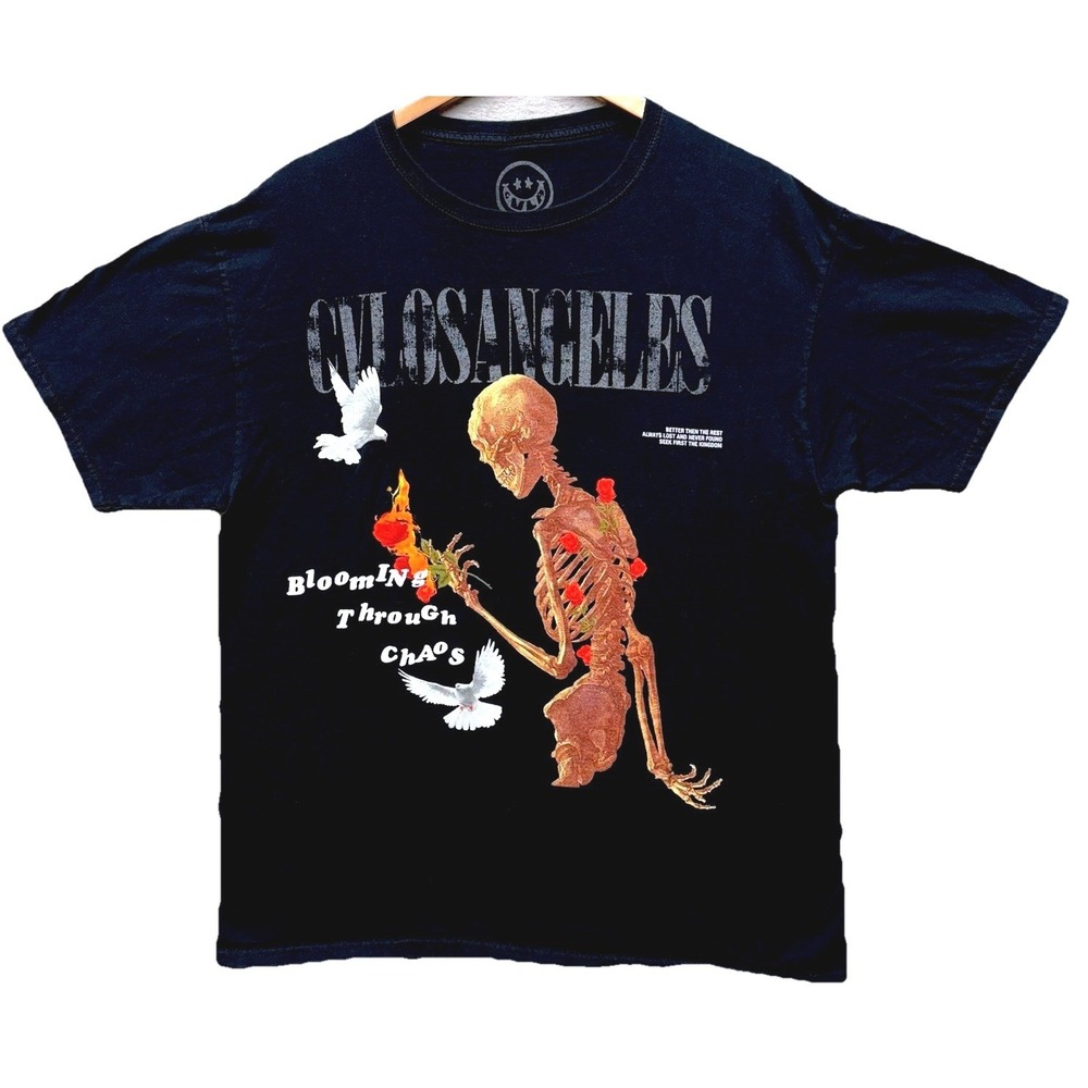 CVLA Los Angeles Blooming Through Chaos Skeleton Rose‎ Dove Black Graphic Tee L